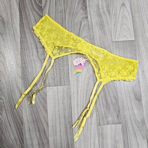 Playful Promises Audre Yellow Suspender Garter Belt w Floral Embroidery, Size 18